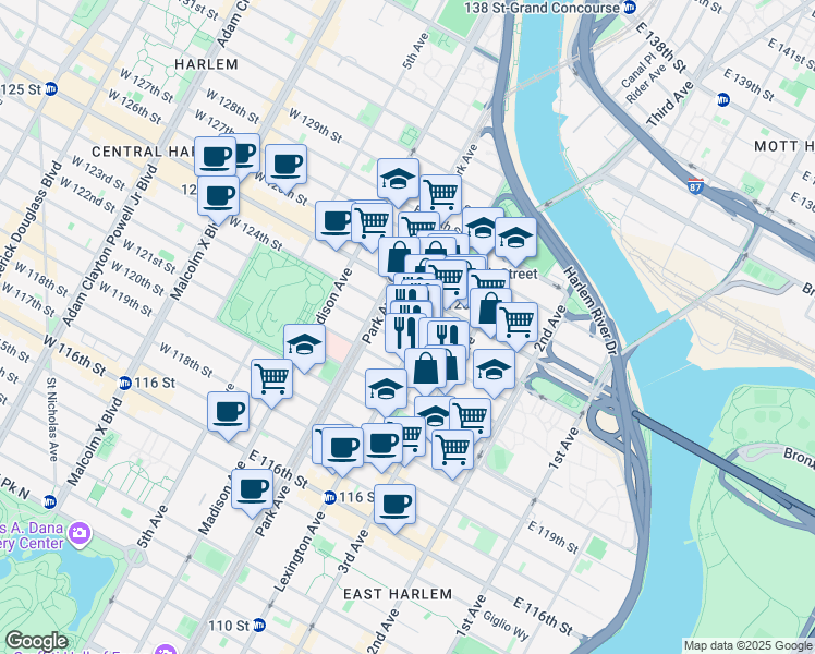 map of restaurants, bars, coffee shops, grocery stores, and more near 111 East 123rd Street in New York
