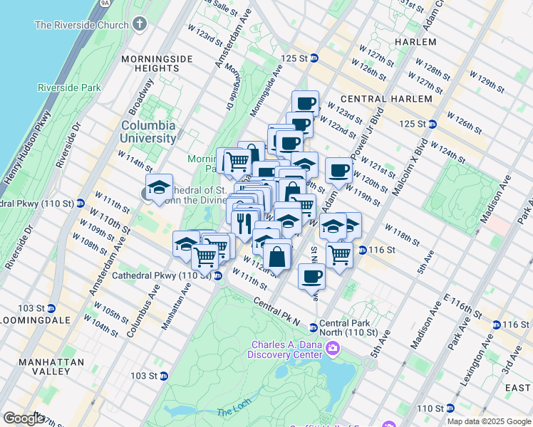 map of restaurants, bars, coffee shops, grocery stores, and more near 283 West 115th Street in New York