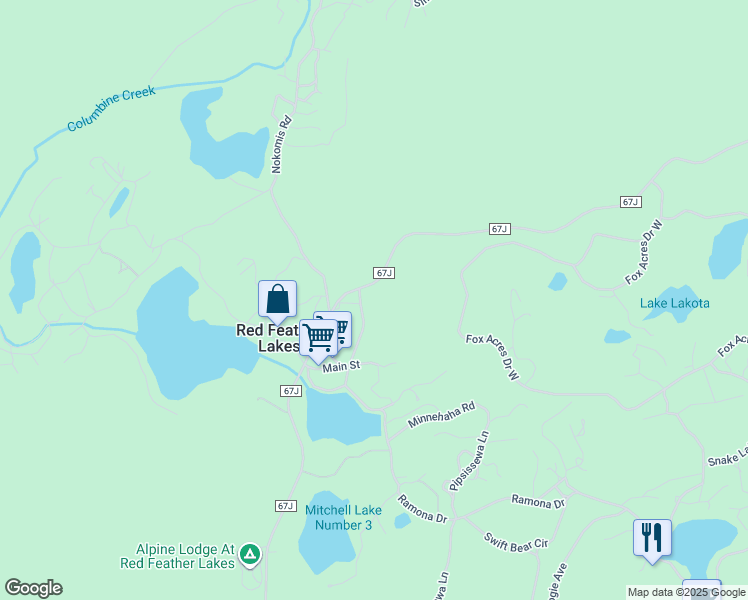 map of restaurants, bars, coffee shops, grocery stores, and more near 290 Grand Drive in Red Feather Lakes