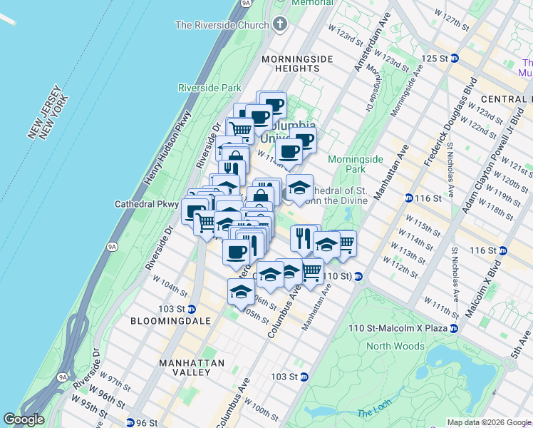 map of restaurants, bars, coffee shops, grocery stores, and more near 500 West 111th Street in New York