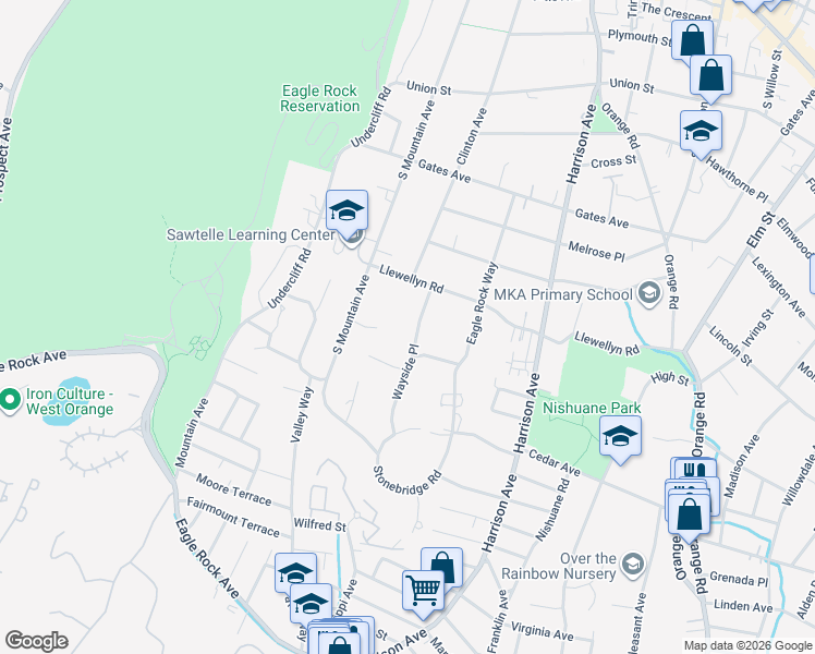 map of restaurants, bars, coffee shops, grocery stores, and more near 17 Wayside Place in Montclair