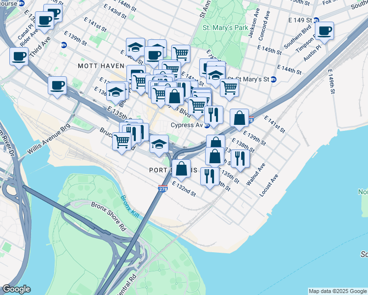 map of restaurants, bars, coffee shops, grocery stores, and more near in The Bronx