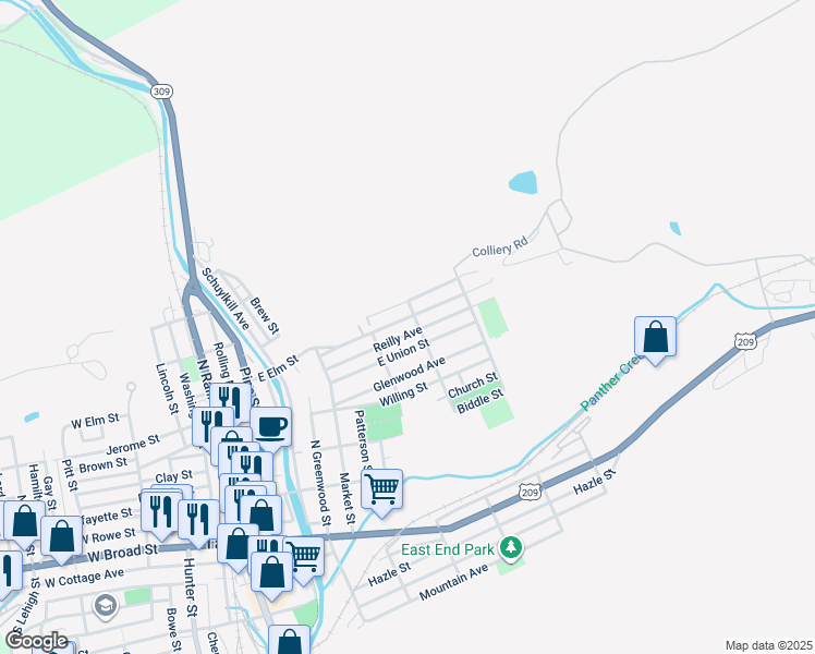 map of restaurants, bars, coffee shops, grocery stores, and more near 436 East Elm Street in Tamaqua