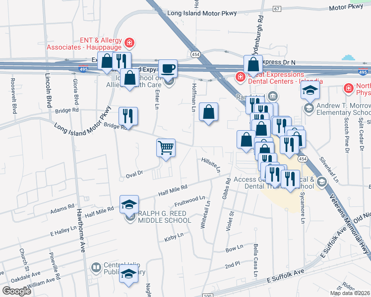 map of restaurants, bars, coffee shops, grocery stores, and more near 46 Hoffman Lane in Central Islip