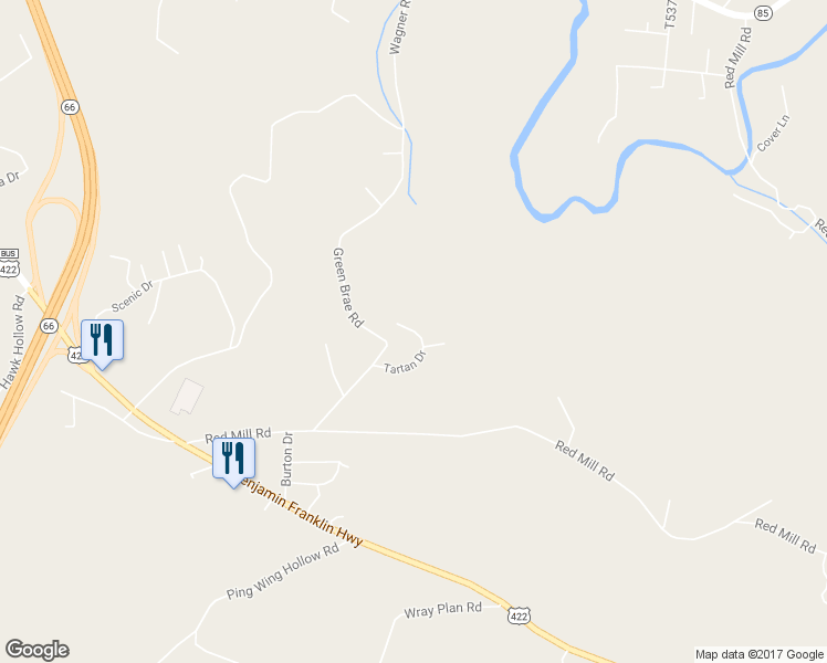 map of restaurants, bars, coffee shops, grocery stores, and more near 121 Tartan Drive in Kittanning
