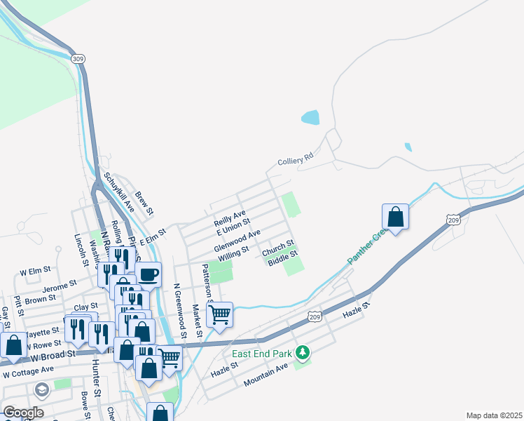 map of restaurants, bars, coffee shops, grocery stores, and more near 553 East Union Street in Tamaqua