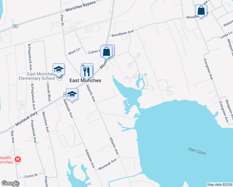 map of restaurants, bars, coffee shops, grocery stores, and more near 62 Pameeches Path in East Moriches