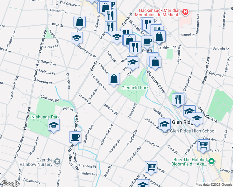 map of restaurants, bars, coffee shops, grocery stores, and more near 69 Maple Avenue in Montclair
