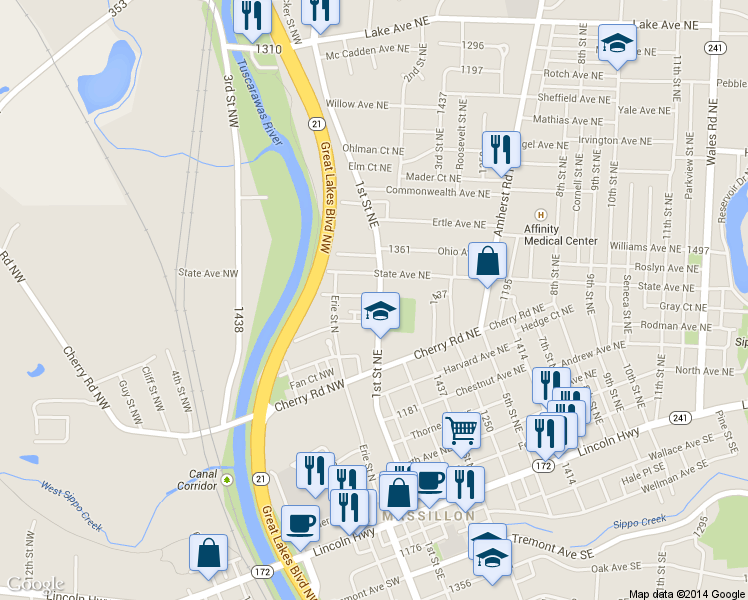 map of restaurants, bars, coffee shops, grocery stores, and more near 727 1st Street Northeast in Massillon