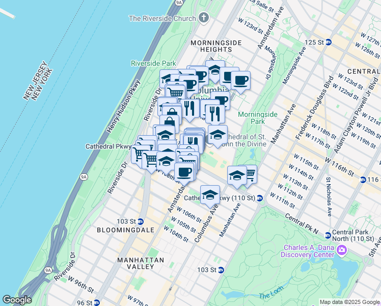 map of restaurants, bars, coffee shops, grocery stores, and more near 1060 Amsterdam Avenue in New York