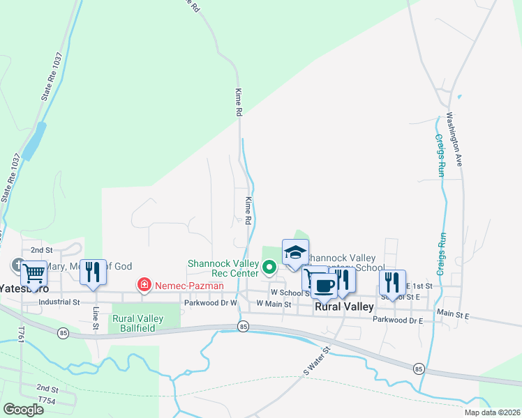 map of restaurants, bars, coffee shops, grocery stores, and more near 214 Diane Drive in Rural Valley