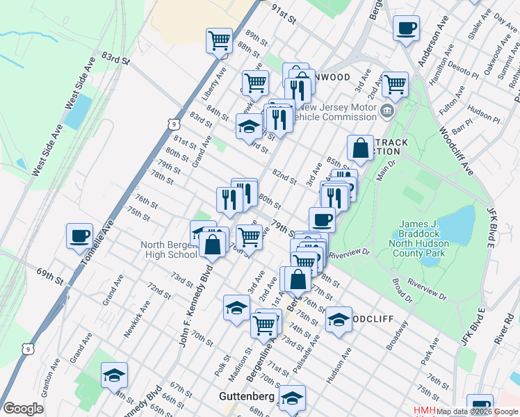 map of restaurants, bars, coffee shops, grocery stores, and more near 1000 79th Street in North Bergen
