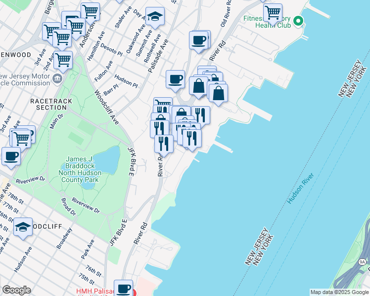 map of restaurants, bars, coffee shops, grocery stores, and more near 7 Main Street in Edgewater