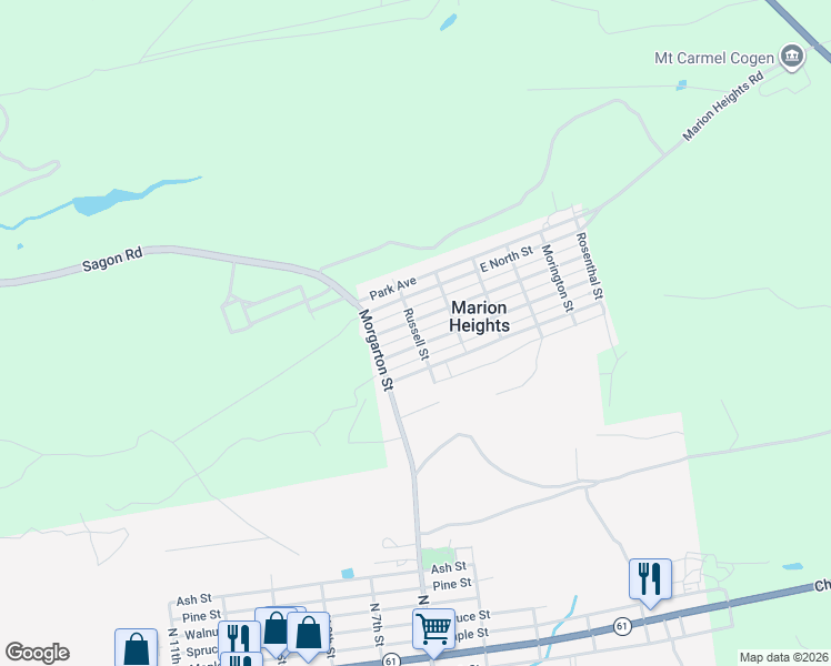 map of restaurants, bars, coffee shops, grocery stores, and more near Russell Street in Marion Heights