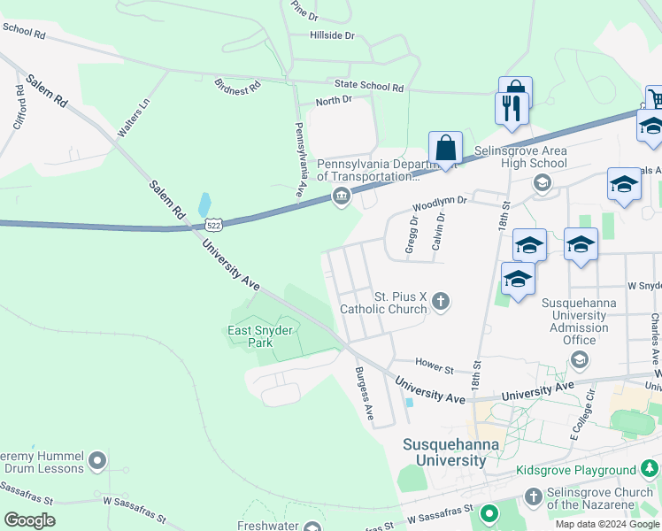 map of restaurants, bars, coffee shops, grocery stores, and more near 311 Sunset Drive in Selinsgrove