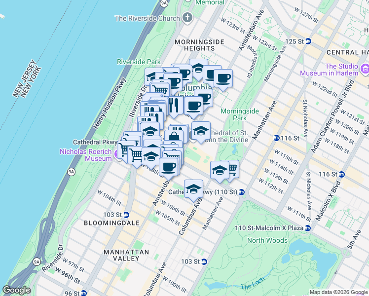 map of restaurants, bars, coffee shops, grocery stores, and more near 503 West 111th Street in New York