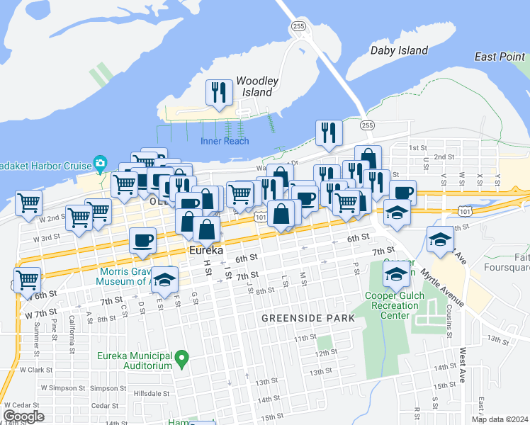 map of restaurants, bars, coffee shops, grocery stores, and more near 1023 4th Street in Eureka