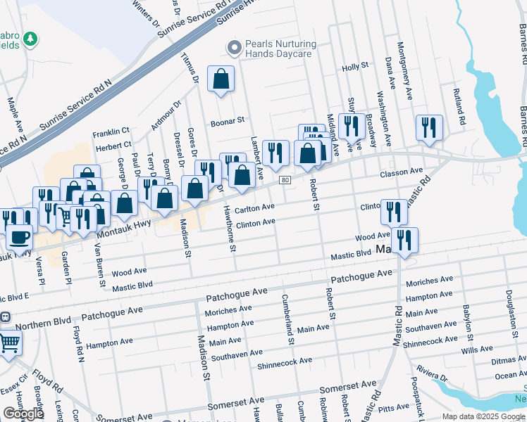 map of restaurants, bars, coffee shops, grocery stores, and more near 18 Carlton Avenue in Mastic