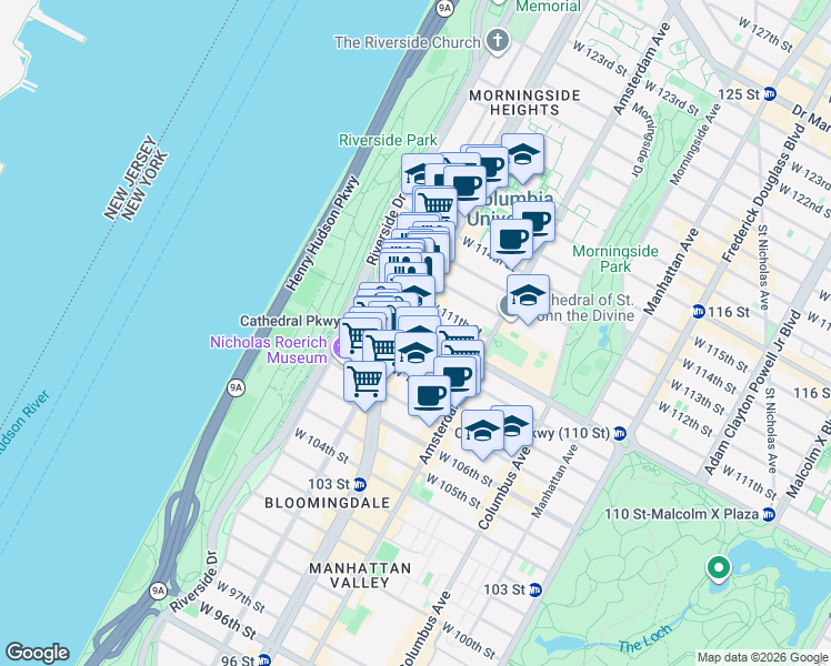 map of restaurants, bars, coffee shops, grocery stores, and more near 556 West 110th Street in New York
