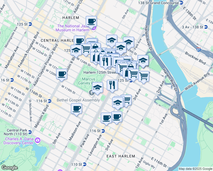map of restaurants, bars, coffee shops, grocery stores, and more near 51 East 122nd Street in New York