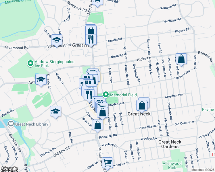 map of restaurants, bars, coffee shops, grocery stores, and more near 15 Forest Row in Great Neck