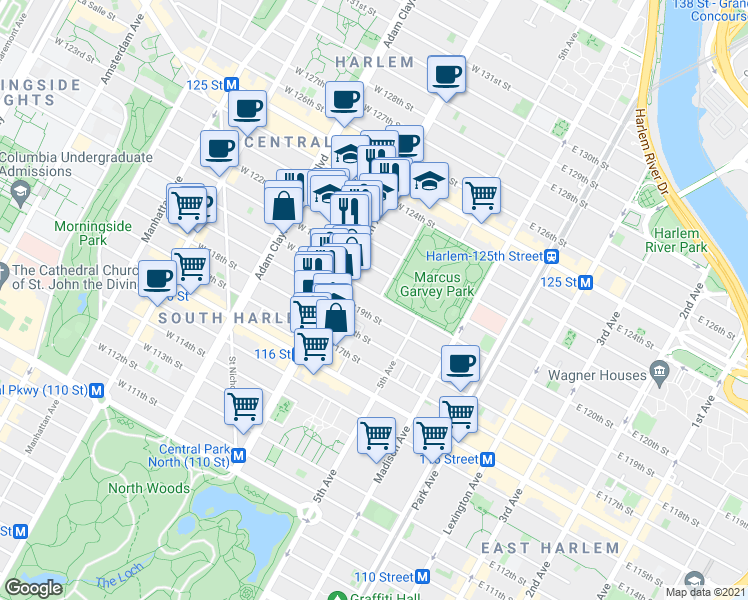 map of restaurants, bars, coffee shops, grocery stores, and more near 19 West 120th Street in New York
