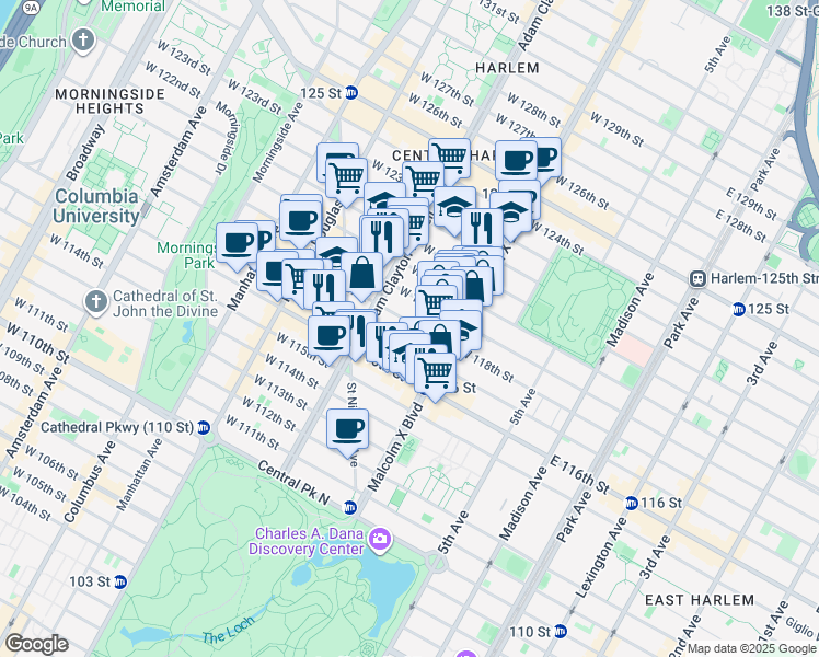 map of restaurants, bars, coffee shops, grocery stores, and more near 136 West 119th Street in New York