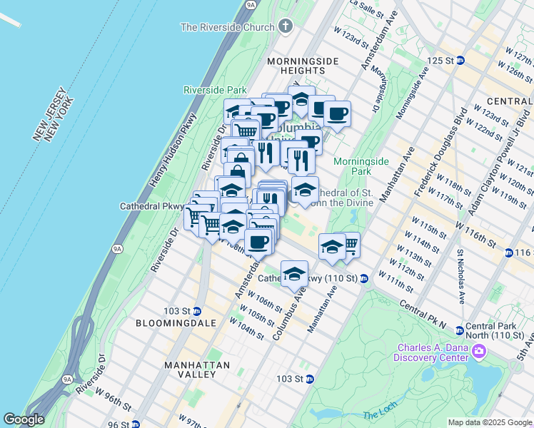 map of restaurants, bars, coffee shops, grocery stores, and more near 1060 Amsterdam Avenue in New York