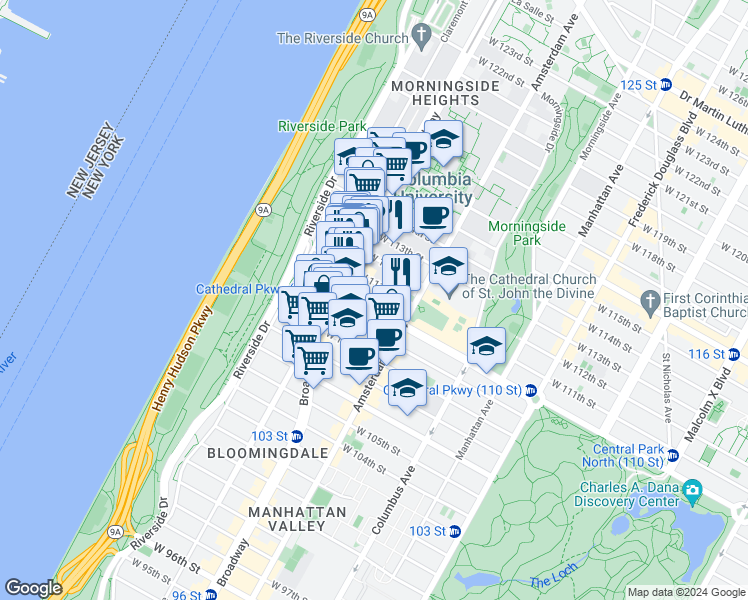 map of restaurants, bars, coffee shops, grocery stores, and more near 535 West 111th Street in New York