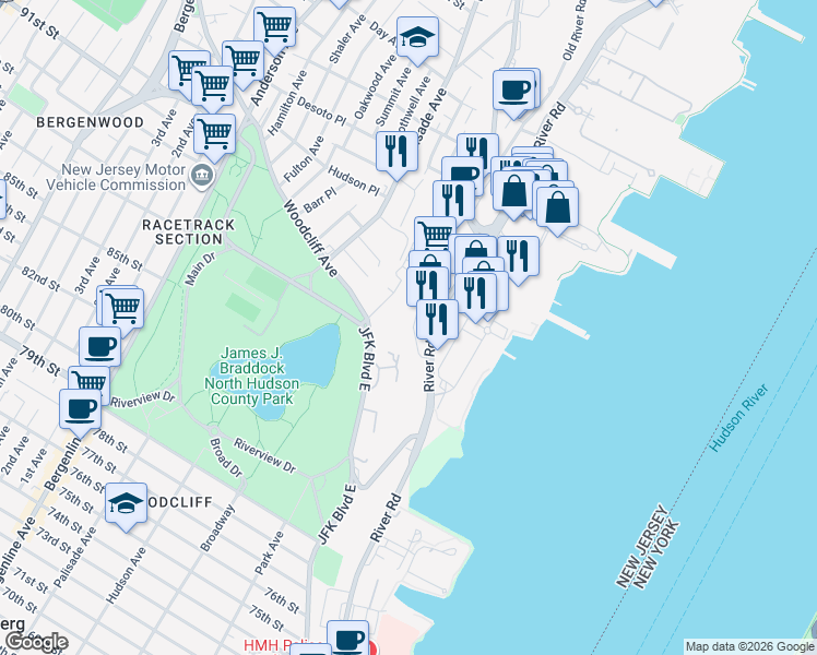 map of restaurants, bars, coffee shops, grocery stores, and more near 9032 Wall Street in North Bergen