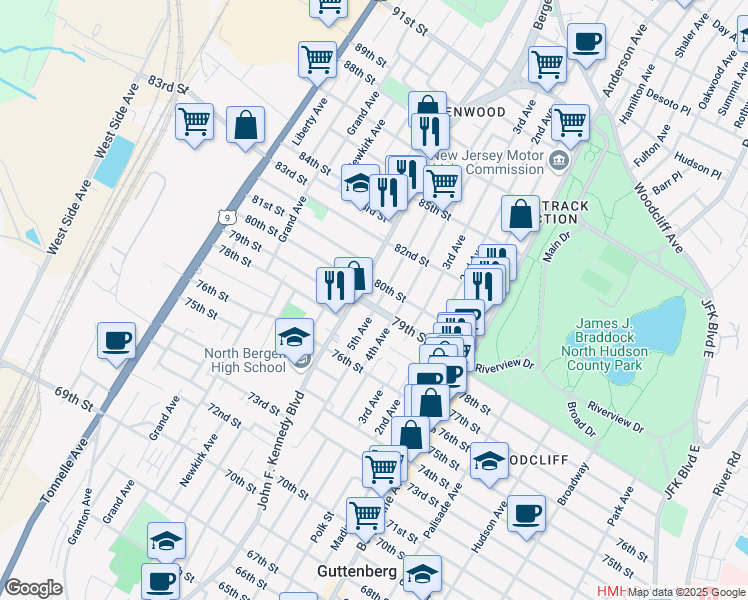 map of restaurants, bars, coffee shops, grocery stores, and more near 8009 5th Avenue in North Bergen