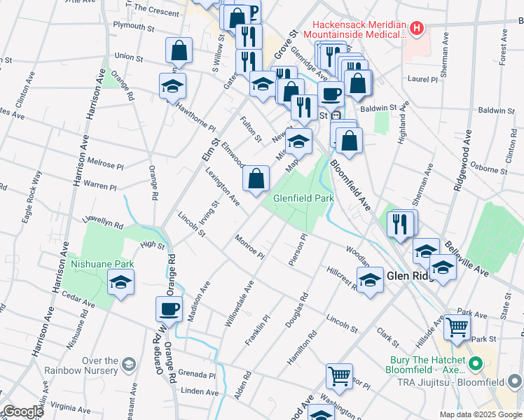 map of restaurants, bars, coffee shops, grocery stores, and more near 69 Maple Avenue in Montclair