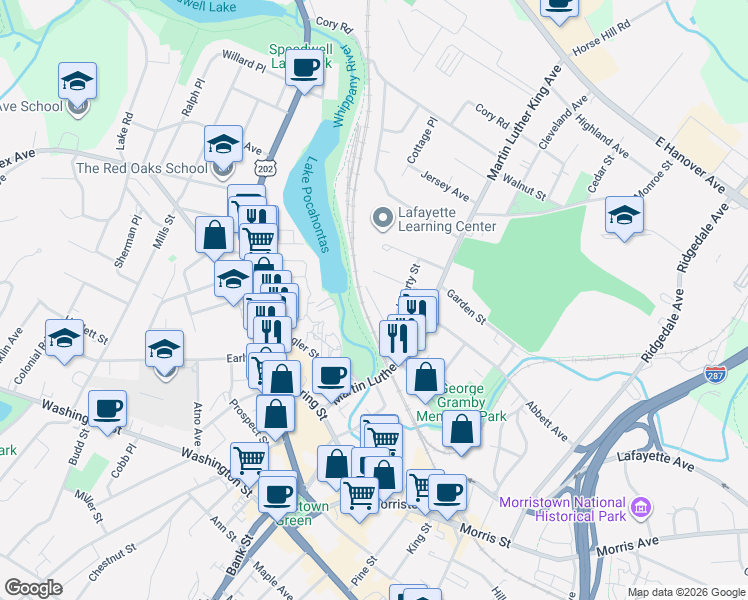 map of restaurants, bars, coffee shops, grocery stores, and more near 40 Willow Street in Morristown