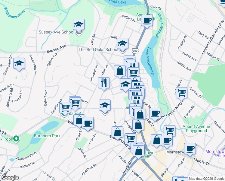 map of restaurants, bars, coffee shops, grocery stores, and more near 20 Cleveland Street in Morristown
