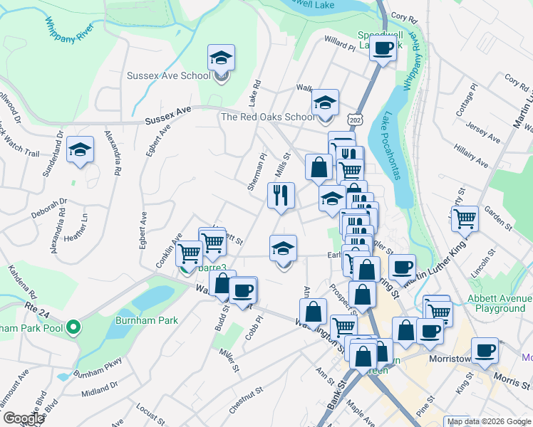 map of restaurants, bars, coffee shops, grocery stores, and more near 79 Mills Street in Morristown