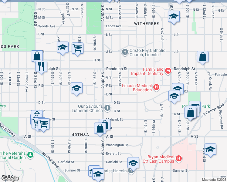 map of restaurants, bars, coffee shops, grocery stores, and more near 4120 F Street in Lincoln