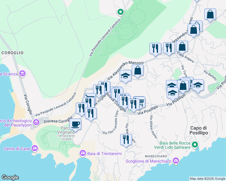 map of restaurants, bars, coffee shops, grocery stores, and more near in Napoli