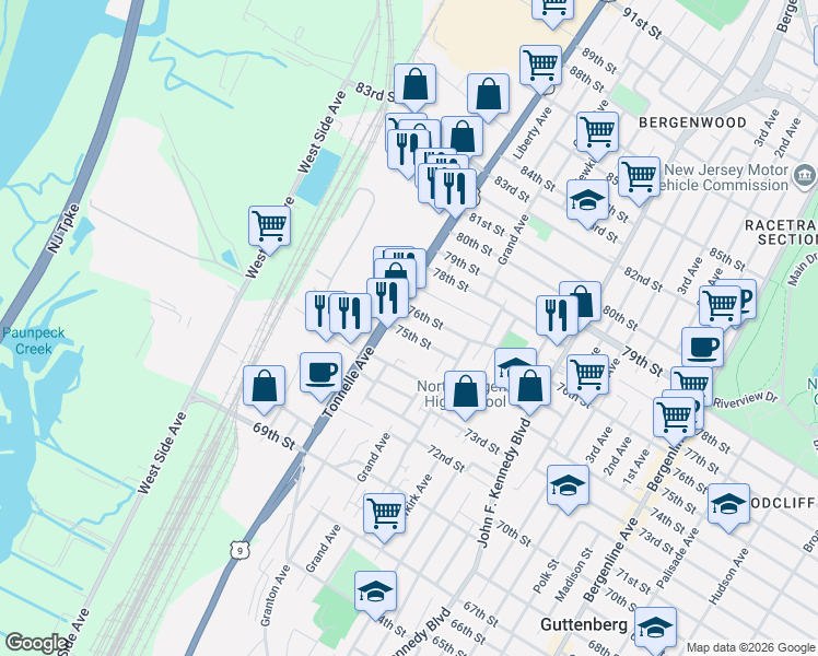 map of restaurants, bars, coffee shops, grocery stores, and more near 1701 77th Street in North Bergen