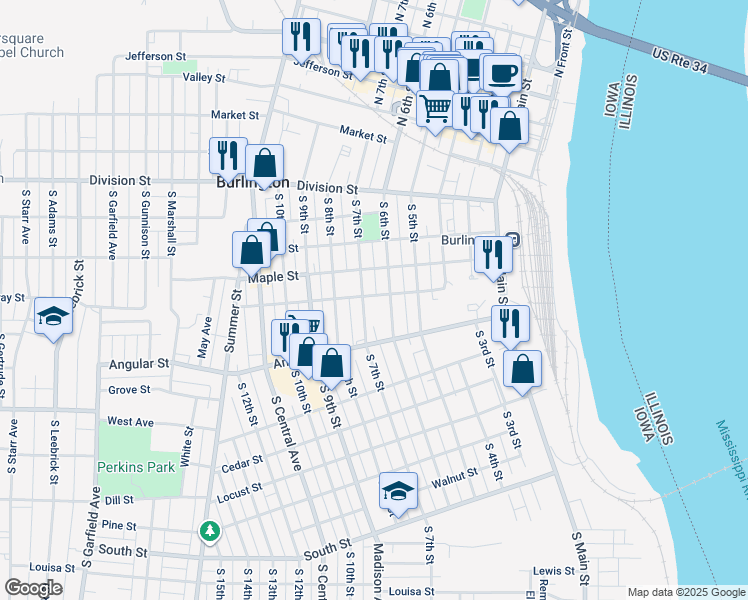 map of restaurants, bars, coffee shops, grocery stores, and more near 617 Vine Street in Burlington