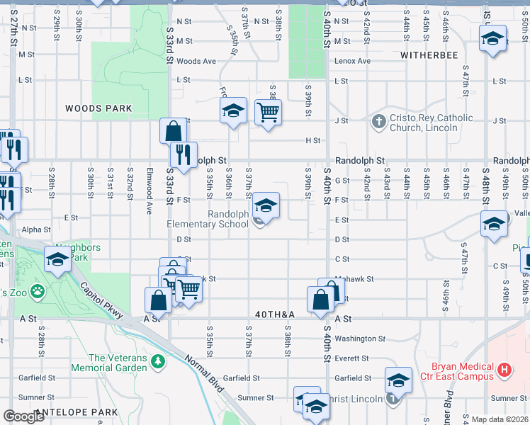 map of restaurants, bars, coffee shops, grocery stores, and more near 3720 F Street in Lincoln