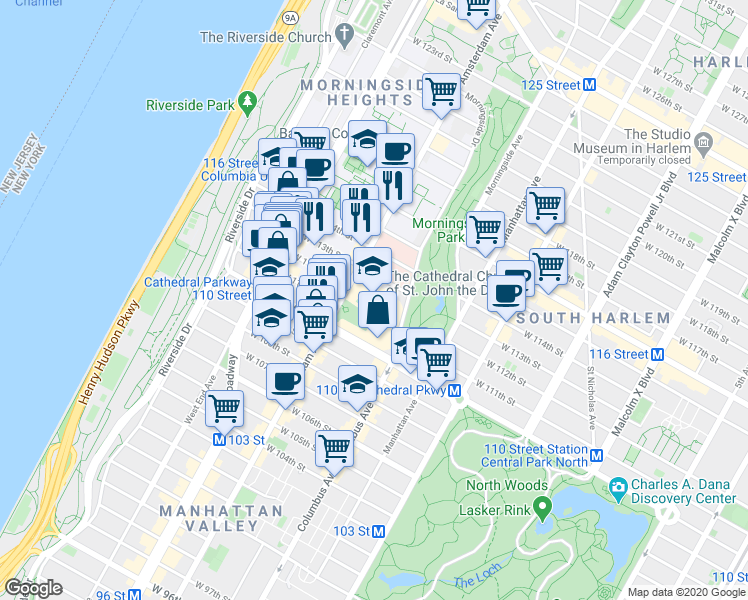 map of restaurants, bars, coffee shops, grocery stores, and more near 1047 Amsterdam Avenue in New York