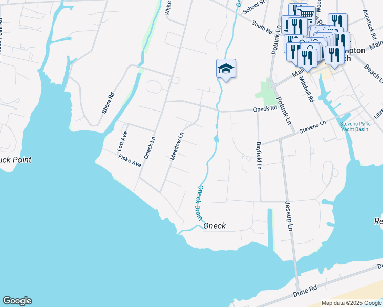 map of restaurants, bars, coffee shops, grocery stores, and more near 16 Meadow Lane in Westhampton Beach