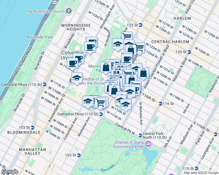 map of restaurants, bars, coffee shops, grocery stores, and more near 315 West 114th Street in New York