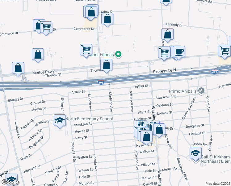 map of restaurants, bars, coffee shops, grocery stores, and more near 31 Arthur Street in Brentwood