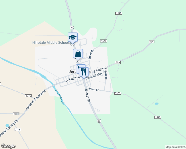 map of restaurants, bars, coffee shops, grocery stores, and more near 44 East Main Street in Jeromesville