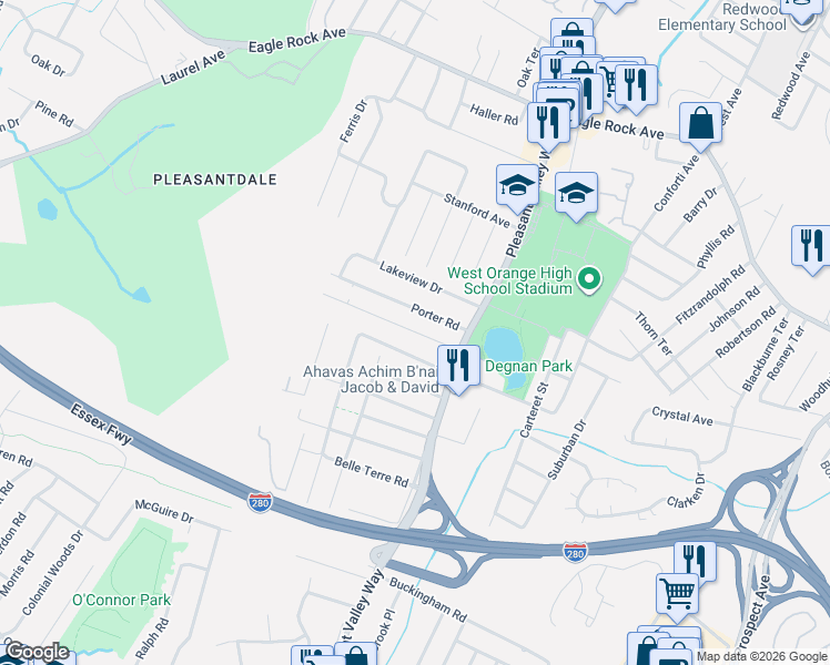 map of restaurants, bars, coffee shops, grocery stores, and more near 24 Porter Road in West Orange