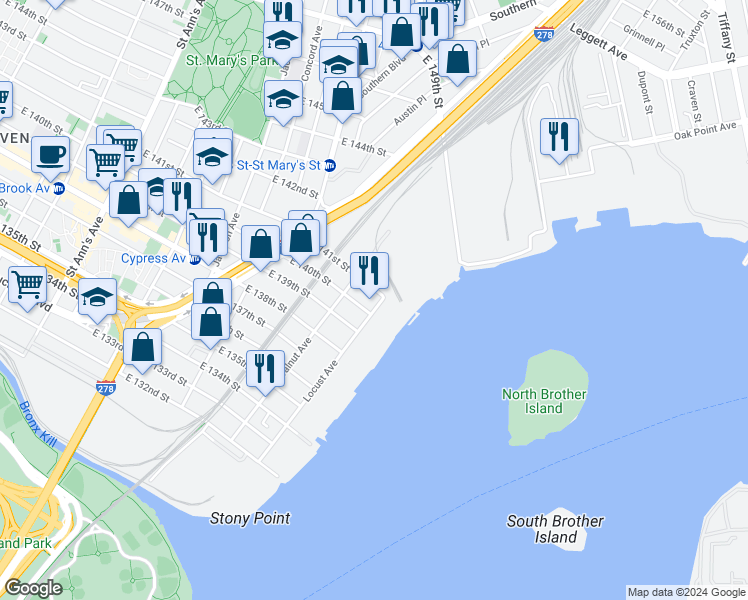 map of restaurants, bars, coffee shops, grocery stores, and more near 311 Locust Avenue in Bronx