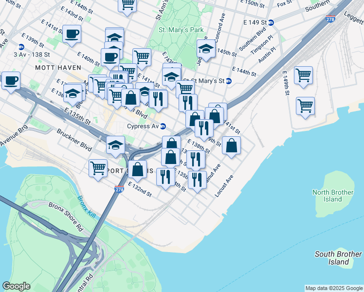map of restaurants, bars, coffee shops, grocery stores, and more near Jackson Avenue in The Bronx