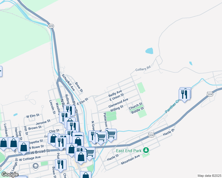 map of restaurants, bars, coffee shops, grocery stores, and more near 429 East Elm Street in Tamaqua