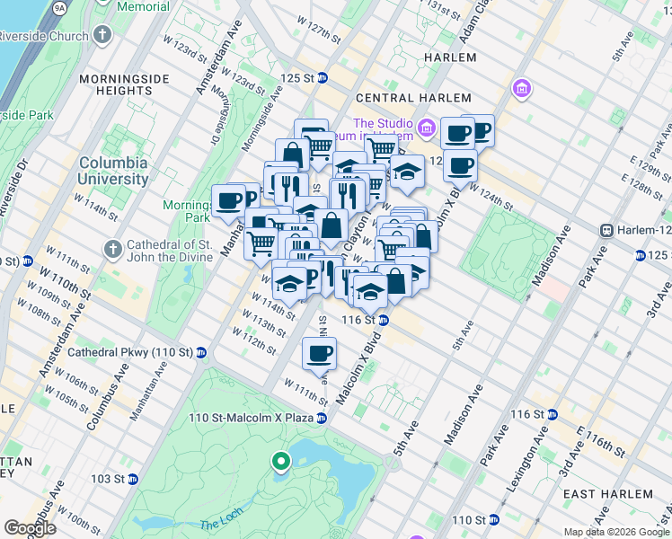map of restaurants, bars, coffee shops, grocery stores, and more near 7th Ave & W 117th St in New York